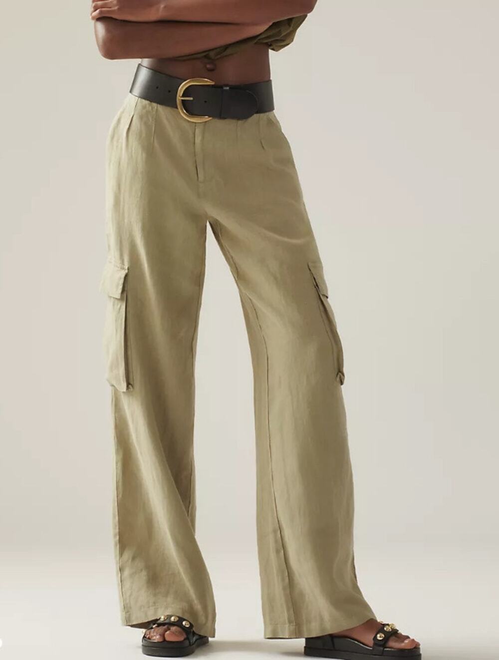 Sanctuary Anthropologie Hopper Straight Leg Cargo Pants Green 100% Linen Sz 26